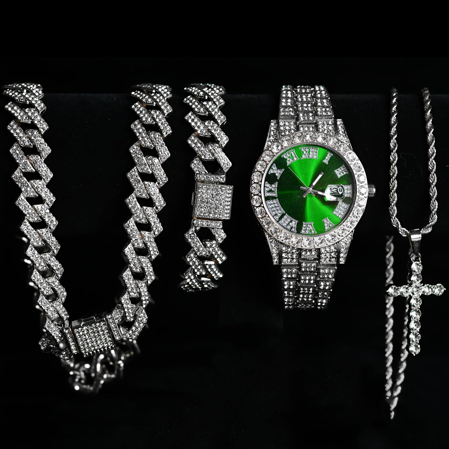Luxury Cuban Link Jewelry Set for Men & Women – Necklace, Bracelet, Pendant & Wristwatch Full Set, Multiple Colors, Perfect Valentine’s Day, Christmas & Birthday Gift