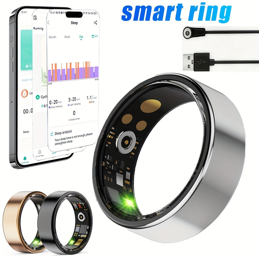 Smart Ring Sleep Tracker Heart Rate Monitor Fitness Wearable, Titanium Alloy Body Bluetooth 5.3, Step Counter Pedometer Distance Tracking, Magnetic Charging, Compatible with iPhone & Android – Black Rose Gold Silver