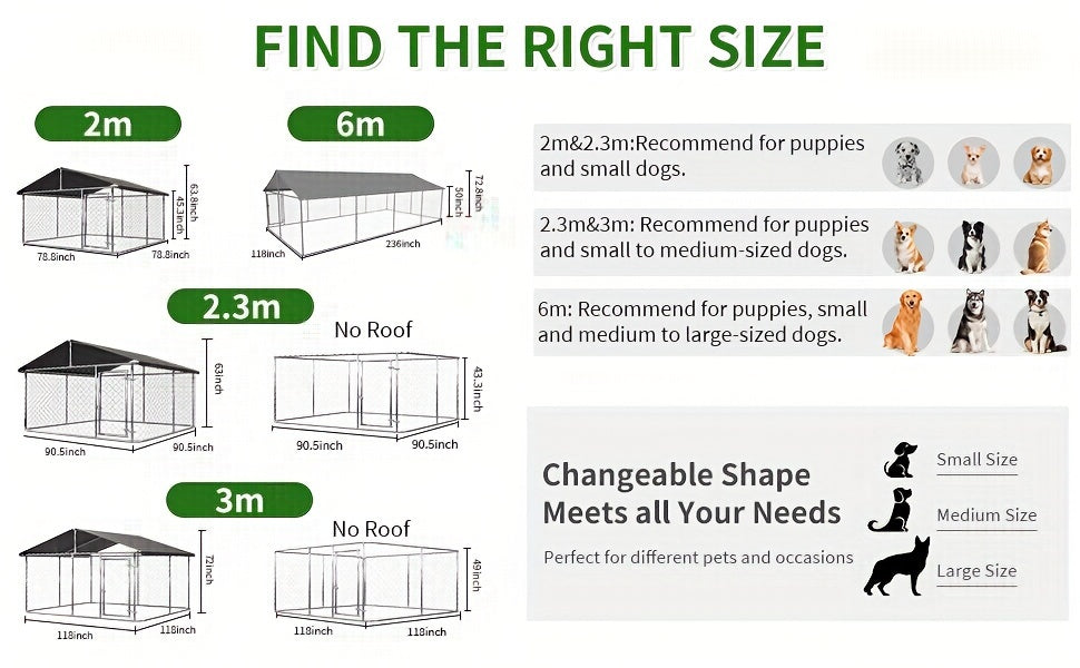 Heavy Duty Outdoor Dog Kennel Enclosure – Galvanized Steel Mesh Cage with Rain & UV-Proof Roof, Secure Lock, Ground Nails, 3 Sizes Available