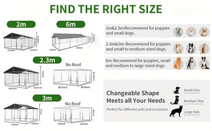 Heavy Duty Outdoor Dog Kennel Enclosure – Galvanized Steel Mesh Cage with Rain & UV-Proof Roof, Secure Lock, Ground Nails, 3 Sizes Available