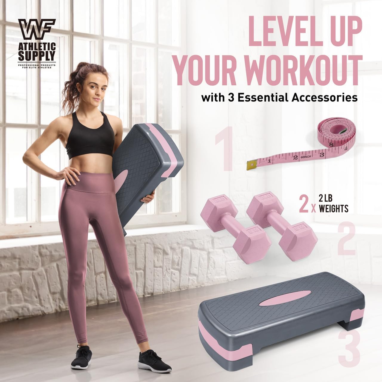 Adjustable Height Aerobic Stepper Set with 2 Dumbbells & Measuring Tape – Non-Slip Exercise Step Platform with Level Risers, 550 LB Capacity, Home Gym Workout Equipment for Cardio & Weight Loss