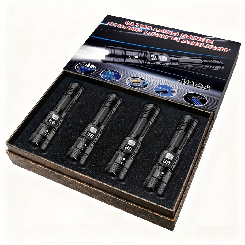 Rechargeable LED Flashlight 4-Pack - Super Bright Zoomable Spotlight, USB Charging, Long Range Tactical Work Light for Camping, Hiking, Emergency & Outdoor Survival, High-Power LED Torch Set