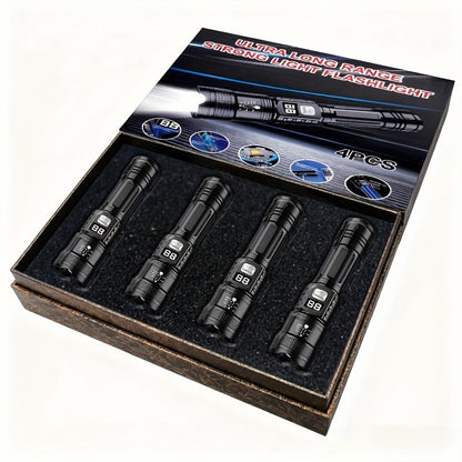 Rechargeable LED Flashlight 4-Pack - Super Bright Zoomable Spotlight, USB Charging, Long Range Tactical Work Light for Camping, Hiking, Emergency & Outdoor Survival, High-Power LED Torch Set