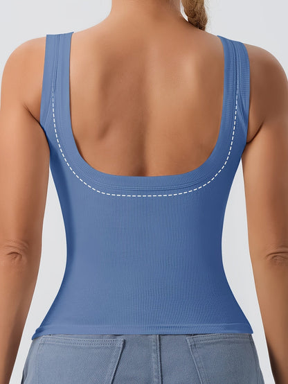 Women's Scoop Neck Tank Top Removable Chest Padding Slim Fit Casual Summer Sleeveless Top 8 Colors XS-XL Built-In Bra