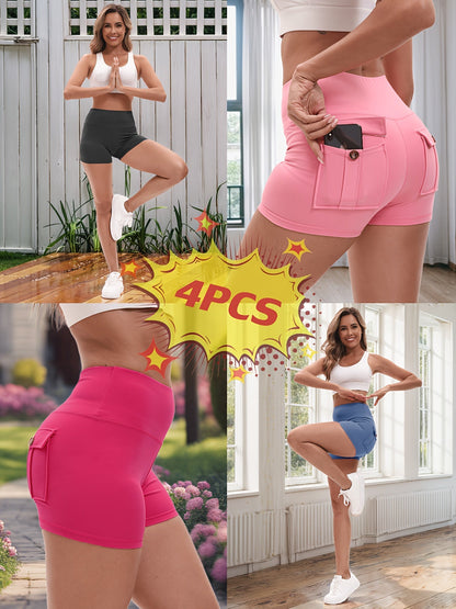 4-Piece Women's High-Stretch Yoga Shorts Set – Hip Lifting Quick-Dry Fitness Shorts with Elastic Waist & 2 Pockets, Solid Color Athletic Short Pants for Gym Running Pilates, S-XXL