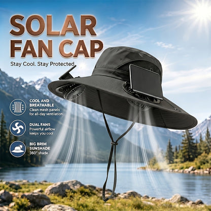 Solar Fan Hat with Wide Brim – Breathable Cooling Sun Hat for Men & Women with Built-In Solar Powered Fan, Adjustable Wind Speeds & Strap, Ideal for Gardening, Hiking, Travel & Summer Outdoor Activities