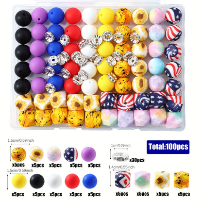 100pcs Silicone Beads Set with Storage Box Hexagonal Striped Printed Pattern Beads for DIY Jewelry Making Bead Pens Keychain Pendant Craft Supplies Girls Kids Teens Adults