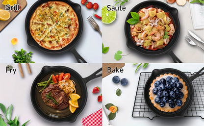 3pcs Cast Iron Skillet Set with Drip Spout – Pre-Seasoned Non-Stick Heavy Duty Cookware for Holiday Cooking, RV Camping, Campfire Meals, Oven & Stovetop Safe Kitchen Gift
