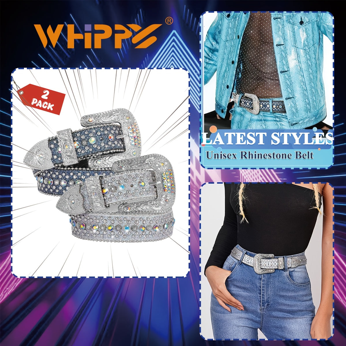 Rhinestone Belt Unisex Western Cowgirl Bling Belt – Sparkling Faux Leather Adjustable Waist Belt with Alloy Buckle for Women Men Sizes S-XL Party Festival Halloween Christmas Gift