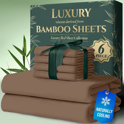 Cooling Bamboo Bed Sheets Set 6-Piece Ultra Soft 17 Inch Deep Pocket Double Stitching Cooling Fiber for Hot Sleepers – Twin Full Queen King in 16 Colors