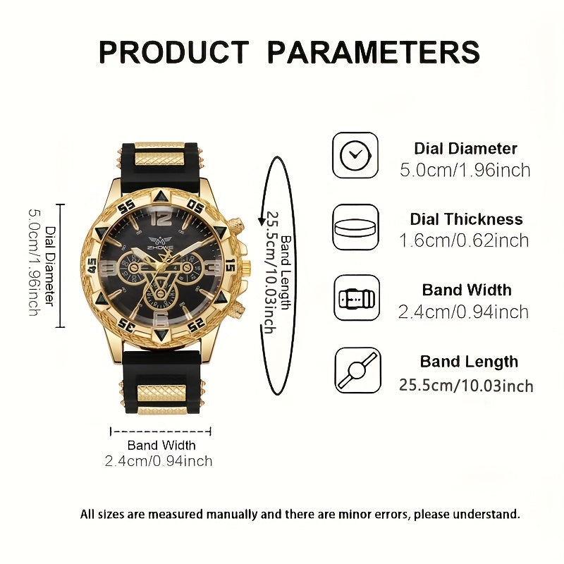2-Pack Men's Large Dial Silicone Strap Quartz Watch Set Sports Business Casual Wristwatch Round Dial 5 Color Combos Gift for Him
