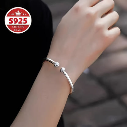 S925 Sterling Silver Pearlescent Bead Open Cuff Bracelet for Women – Adjustable Elegant Fashion Bangle, Hypoallergenic Daily Wear, Perfect Valentine’s Day, Mother’s Day & Birthday Gift