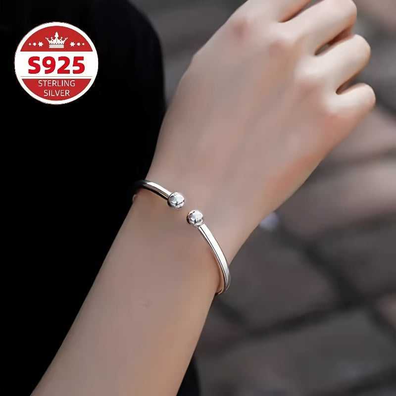 S925 Sterling Silver Pearlescent Bead Open Cuff Bracelet for Women – Adjustable Elegant Fashion Bangle, Hypoallergenic Daily Wear, Perfect Valentine’s Day, Mother’s Day & Birthday Gift