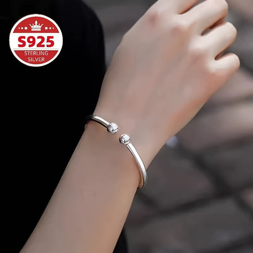 S925 Sterling Silver Pearlescent Bead Open Cuff Bracelet for Women – Adjustable Elegant Fashion Bangle, Hypoallergenic Daily Wear, Perfect Valentine’s Day, Mother’s Day & Birthday Gift