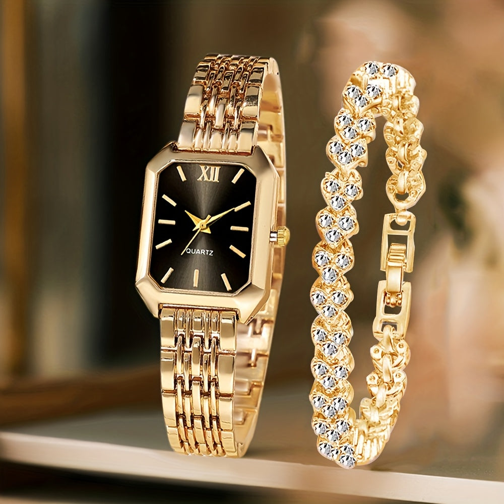 Women's Retro Quartz Watch Set 2pcs – Elegant Heart Chain Stainless Steel Rectangular Dial Analog Wristwatch, Court Style Luxury Timepiece Gift for Wedding, Easter, Birthday & Casual Wear