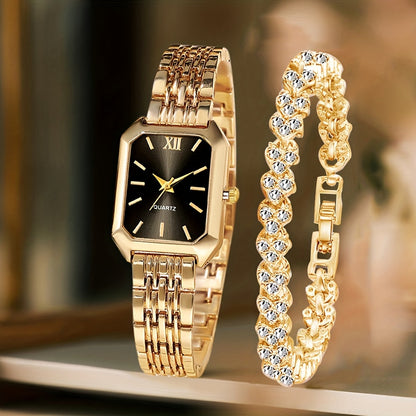 Women's Retro Quartz Watch Set 2pcs – Elegant Heart Chain Stainless Steel Rectangular Dial Analog Wristwatch, Court Style Luxury Timepiece Gift for Wedding, Easter, Birthday & Casual Wear
