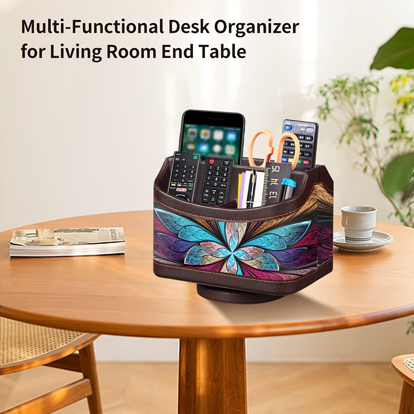 360° Swivel Remote Control Holder – 5-Compartment PU Leather Desk Organizer for TV Remotes, Phones, Eyeglasses, Pens & Office Accessories, Rotating Desktop Storage Caddy