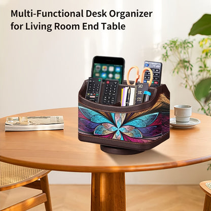 360° Swivel Remote Control Holder – 5-Compartment PU Leather Desk Organizer for TV Remotes, Phones, Eyeglasses, Pens & Office Accessories, Rotating Desktop Storage Caddy