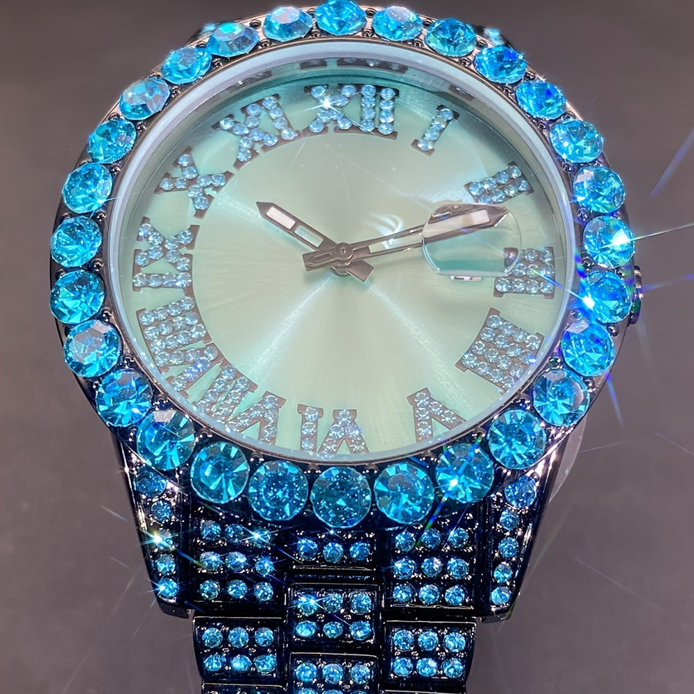 Rhinestone Couples Watch Set Luxury Quartz Movement Calendar Luminous Display for Men Women Red and Ice Blue Rhinestone Party Fashion Gift Watch