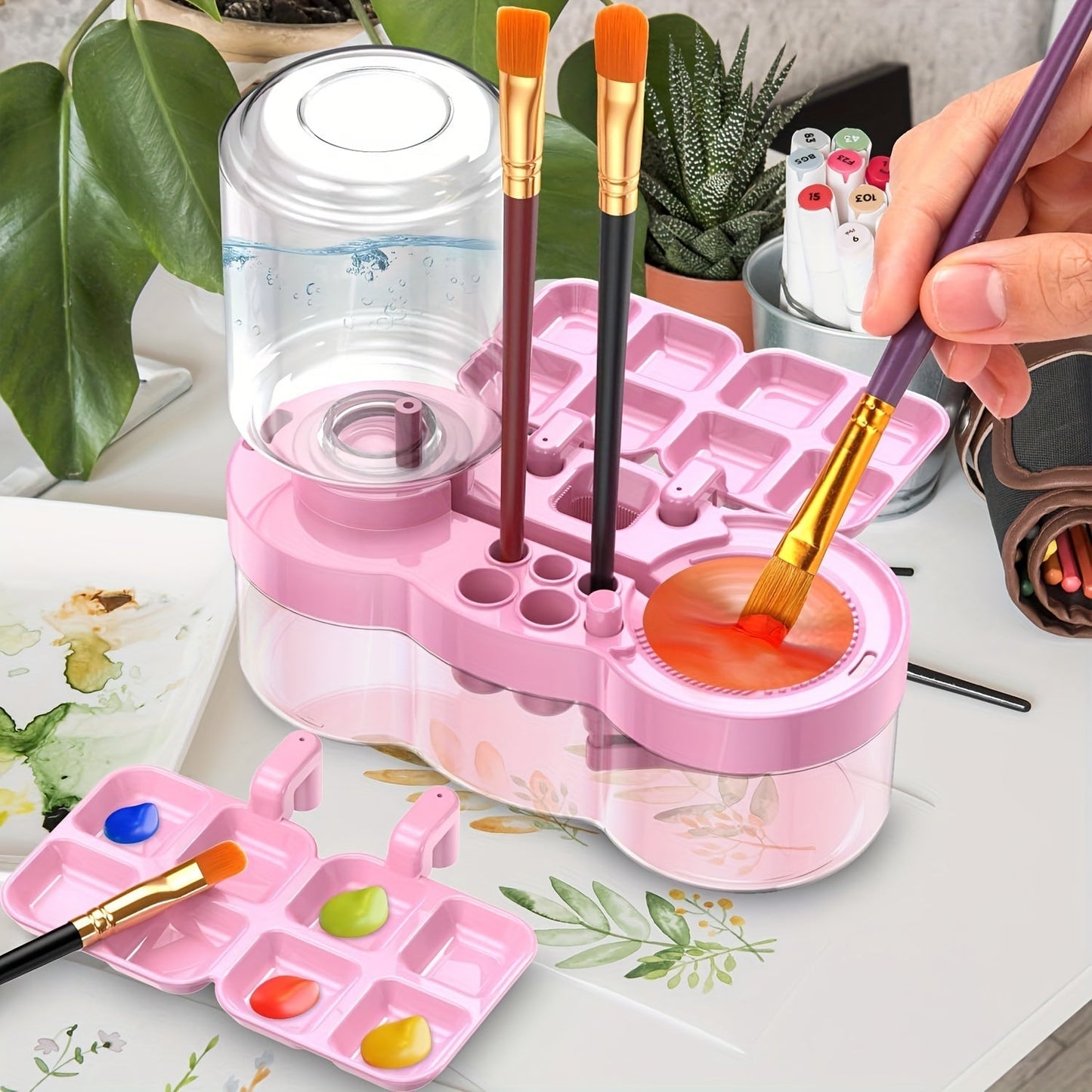 Paint Brush Cleaner 6-in-1 Upgraded with Paint Tray Drain Brush Holder Water Circulation Cleaning Tool for Acrylic Watercolor Water-Based Paints Artist Painting Supplies Blue Purple