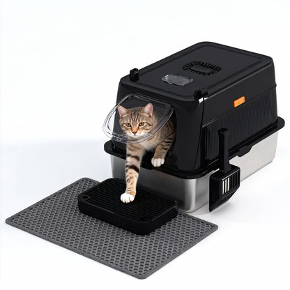 Oversized Enclosed Stainless Steel Cat Litter Box with Lid, Collapsible Anti-Splash Covered Indoor Cat Toilet with Front Flap Door & Superior Odor Control