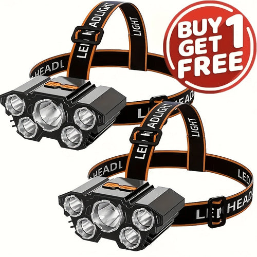 2-Pack 5-LED Headlamp USB Rechargeable IP65 Waterproof 4-Mode for Hiking Camping Hunting Fishing Running