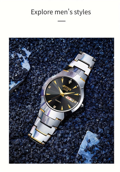 Men's Luminous Quartz Business Watch with Dual Date Calendar – Elegant Zinc Alloy Case, Simple Trend Design, Dress & Casual Wear