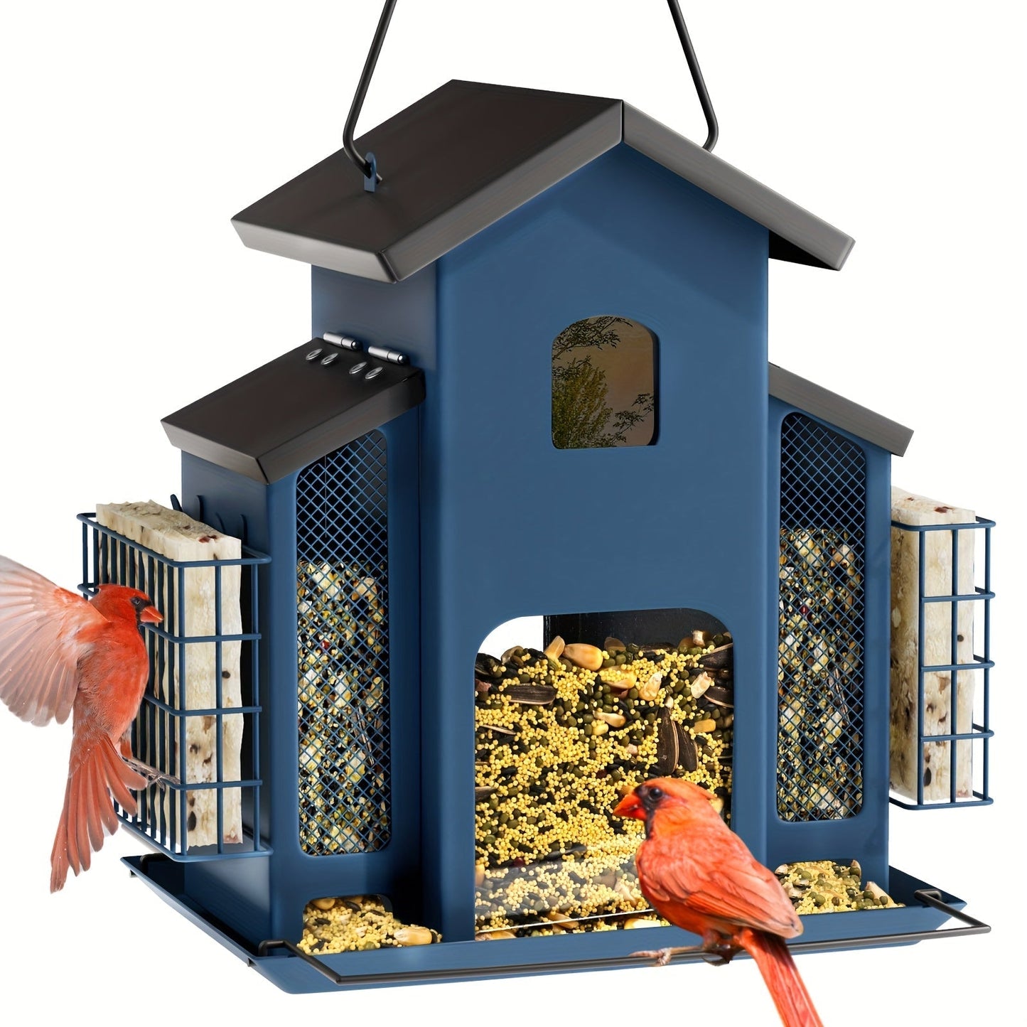 Vintage Metal Wild Bird Feeder for Outside – Triple Feeders for Finch, Cardinal & Chickadee, Large Capacity Metal Mesh Design with Easy-Hang Chains & Window Cut-Outs, 7 Style Options