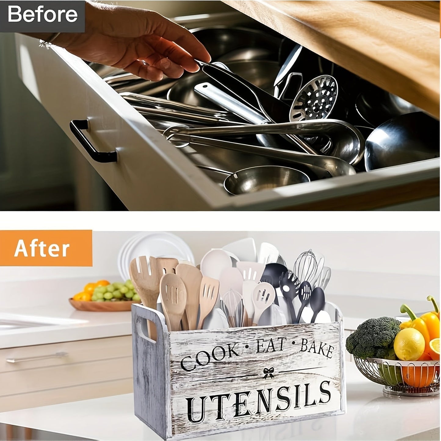 Rustic Wooden Kitchen Utensil Organizer with Handle & 3 Compartments – Countertop or Wall Mount Caddy for Cooking, Dining & Baking Tools – Farmhouse Kitchen Storage in White & Black