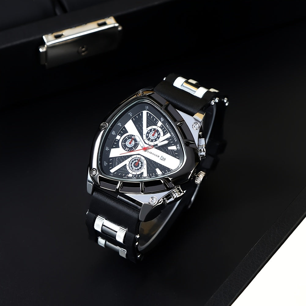 3pcs Men's Quartz Watch Set – Silicone Strap Date Display Triangular Dial, Fashion Sport Casual Wrist Watches for Men, Ideal Birthday Anniversary Gift Set