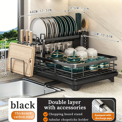 2-Tier Metal Dish Drying Rack with Cutlery Holder, Cup Holder & Rust-Proof Drip Tray – Space-Saving Countertop Dish Drainer for Kitchen Organization, Durable Steel Dish Rack for All Countertop Types