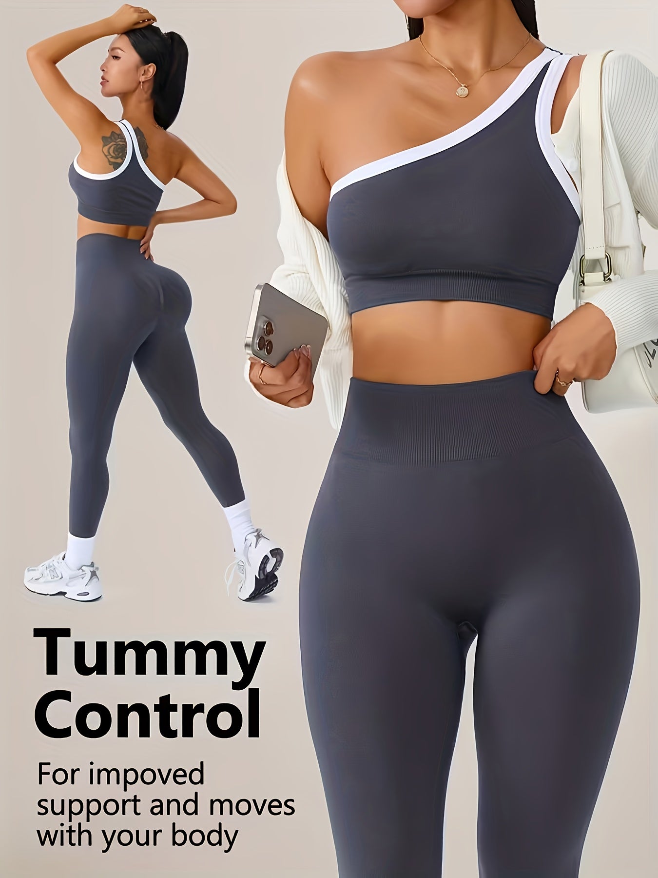 Women's 2-Piece High-Waisted Butt-Lifting Leggings & Sports Bra Set – 90% Polyamide Stretchy Minimalist Yoga Running Workout Outfit with Camisole Top, Solid Color, S-XL