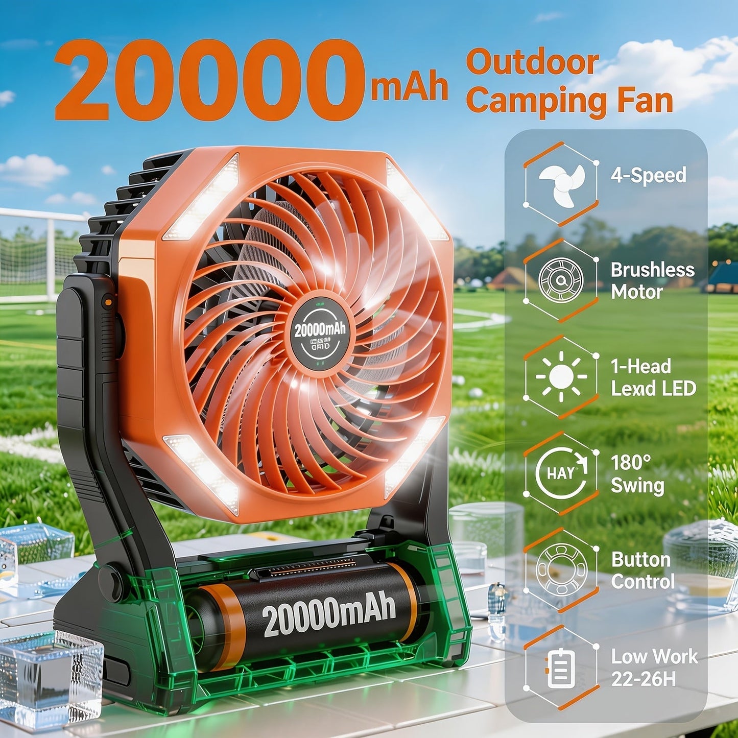 20000mAh Camping Fan with LED Light & Remote Control – 4-Speed Brushless Motor, 180° Oscillating Portable Outdoor Fan, 22-26 Hour Battery Life, 40 LEDs, Timer – for Camping, Hiking, Tent, Emergency & Home Use