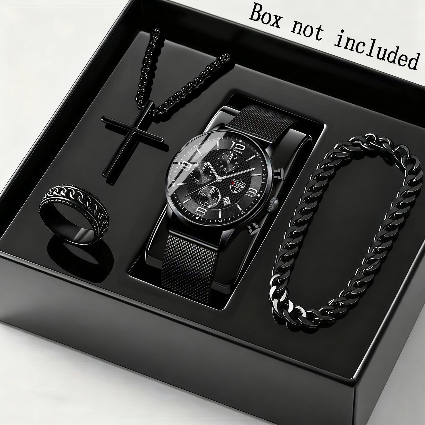 Men's Quartz Watch & Bracelet Jewelry Set 4pcs – Stainless Steel Date Display Casual Business Wristwatch with Bracelet & Necklace, Elegant Gift Set for Men