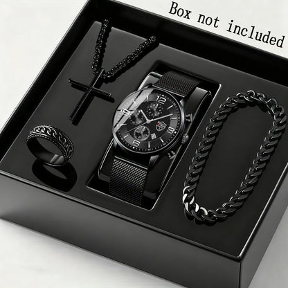 Men's Quartz Watch & Bracelet Jewelry Set 4pcs – Stainless Steel Date Display Casual Business Wristwatch with Bracelet & Necklace, Elegant Gift Set for Men