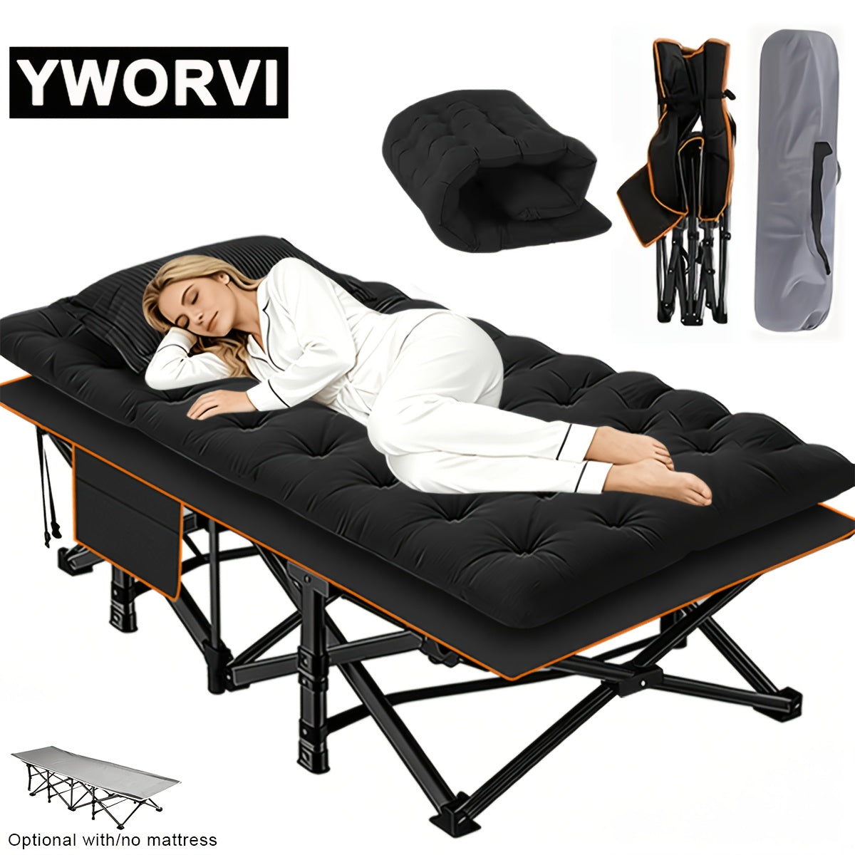 Folding Camping Bed with Mattress & Side Pockets – Heavy Duty Portable Cot for Adults, Foldable Guest Bed for Camping Outdoor Courtyard Terrace Office Guest Room