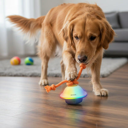Automatic Moving Rolling Dog Ball Toy with Rope Motion Activated Voice Recording USB Rechargeable Interactive Stimulation Toy for Small Medium Dogs Boredom Relief Gray White