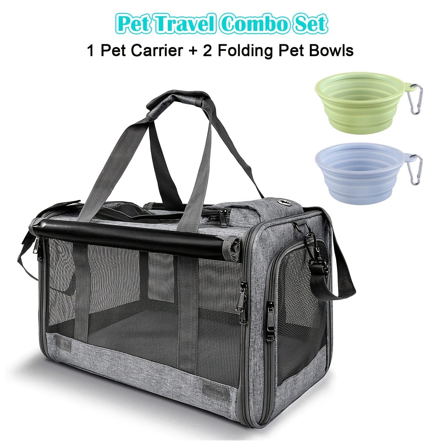 Airline Approved Pet Carrier Soft Sided – Breathable Collapsible Travel Bag for Cats & Small Dogs with Accessories Bundle Collar Bowls or Pet Glove 10 Colors Pink Blue Black Gray Navy Green Orange