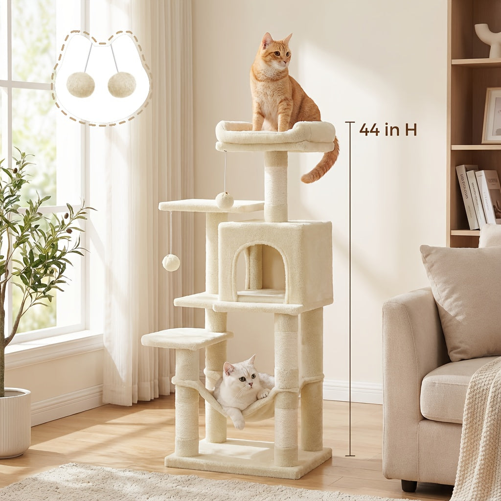 Multi-Level Cat Tree Tower 44-66 Inch with Hammock Sisal Scratching Posts Cozy Cave Perches Anti-Tilt Stable Cat Condo for Multi-Cat Families Kittens & Cats Gift