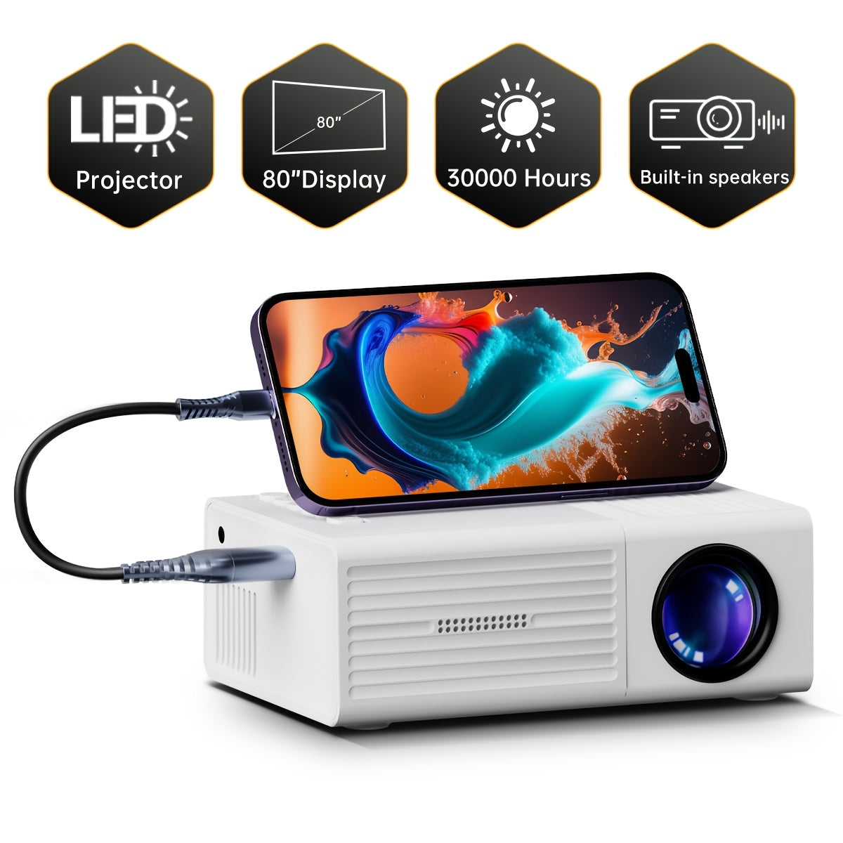 Portable Projector 1080P Supported 1280x720 Native Resolution with Remote Control USB Compatible with Smartphones Tablets Laptops TV Sticks Big Screen Home Theater