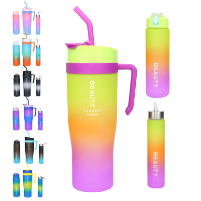 BPA-Free Gradient Water Bottles 5-Piece Set with Straw & Spill-Proof Lid - 46oz 27oz 9oz Leak-Proof Sports Bottles for Gym Travel Outdoor
