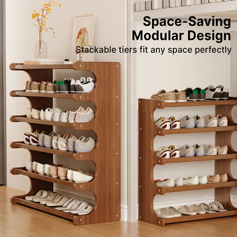 Shoe Rack 3/5/6 Tier Wood Grain Cube Organizer | Multi-Layer Space-Saving Shoe Storage Shelf | Easy No-Tool Assembly | Self-Standing Shoe Tower for Entryway Closet Dorm Bedroom | Brown
