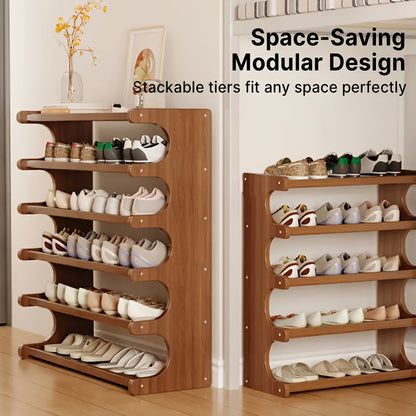 Shoe Rack 3/5/6 Tier Wood Grain Cube Organizer | Multi-Layer Space-Saving Shoe Storage Shelf | Easy No-Tool Assembly | Self-Standing Shoe Tower for Entryway Closet Dorm Bedroom | Brown