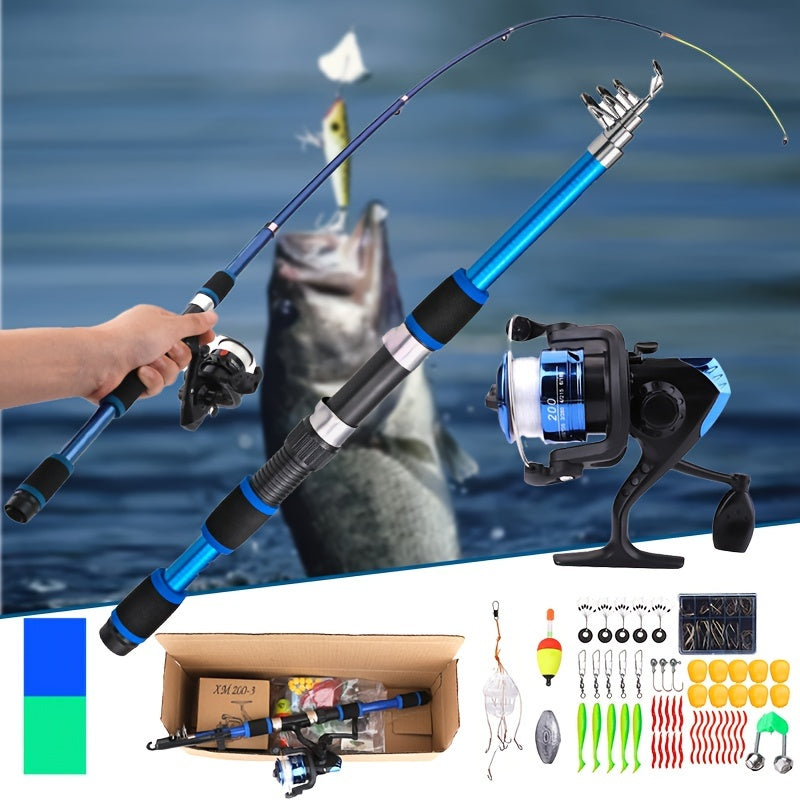 Complete Fishing Tackle Set with Rod Reel Line Soft Bait Hooks Fast Action Ambidextrous for Freshwater Saltwater Fishing - Beginner Angler Outdoor Gift Blue Green