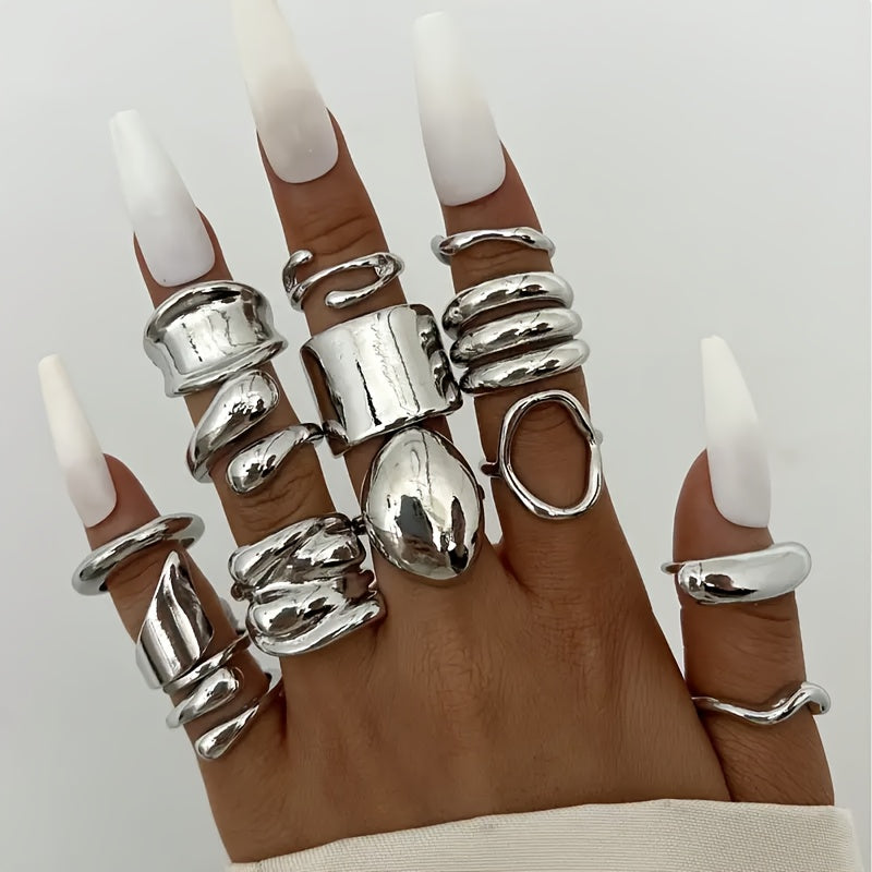 Irregular Geometric Wide Band Rings for Women – Boho Stackable Statement Silver Ring Set, Elegant Party Daily Wear Holiday Gift