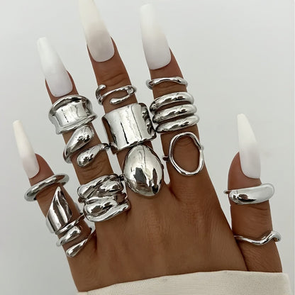 Irregular Geometric Wide Band Rings for Women – Boho Stackable Statement Silver Ring Set, Elegant Party Daily Wear Holiday Gift