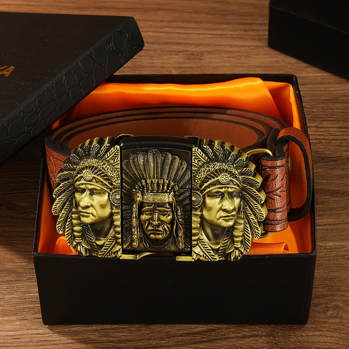 Retro Western Cowboy Belt with Detachable Lighter – Embossed Printed Novelty Accessory Belt in Skull, Eagle, Cross & Native American Designs, Unique Gift for Men for Christmas, Thanksgiving & Valentine's Day
