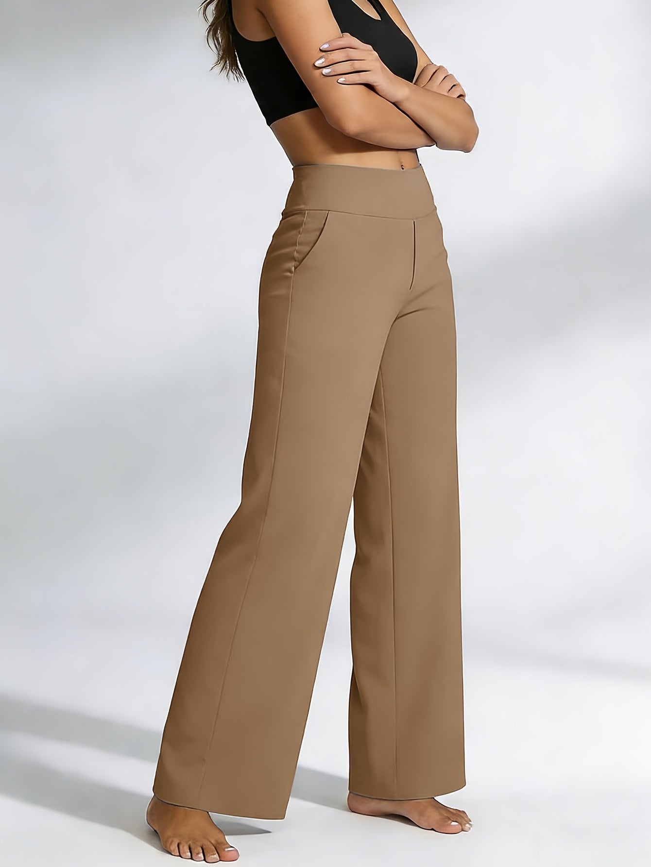 Women's High-Waisted Straight-Leg Yoga Pants with Pockets – Stretchy Casual Loose Fit Sportswear for Ladies, Summer Solid Color Workout Pants for Yoga Gym Pilates & Everyday Wear, S-XXL