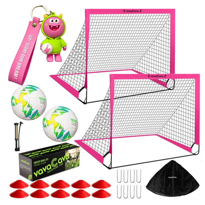 2-Pack Portable Pop-Up Soccer Goal Set – 4’x3’ Folding Soccer Nets for Youth & Adults, Includes 2 Balls, Pump & Carrying Bag, 450D Oxford Fabric, Indoor Outdoor Backyard Soccer Goals (Green/Pink)