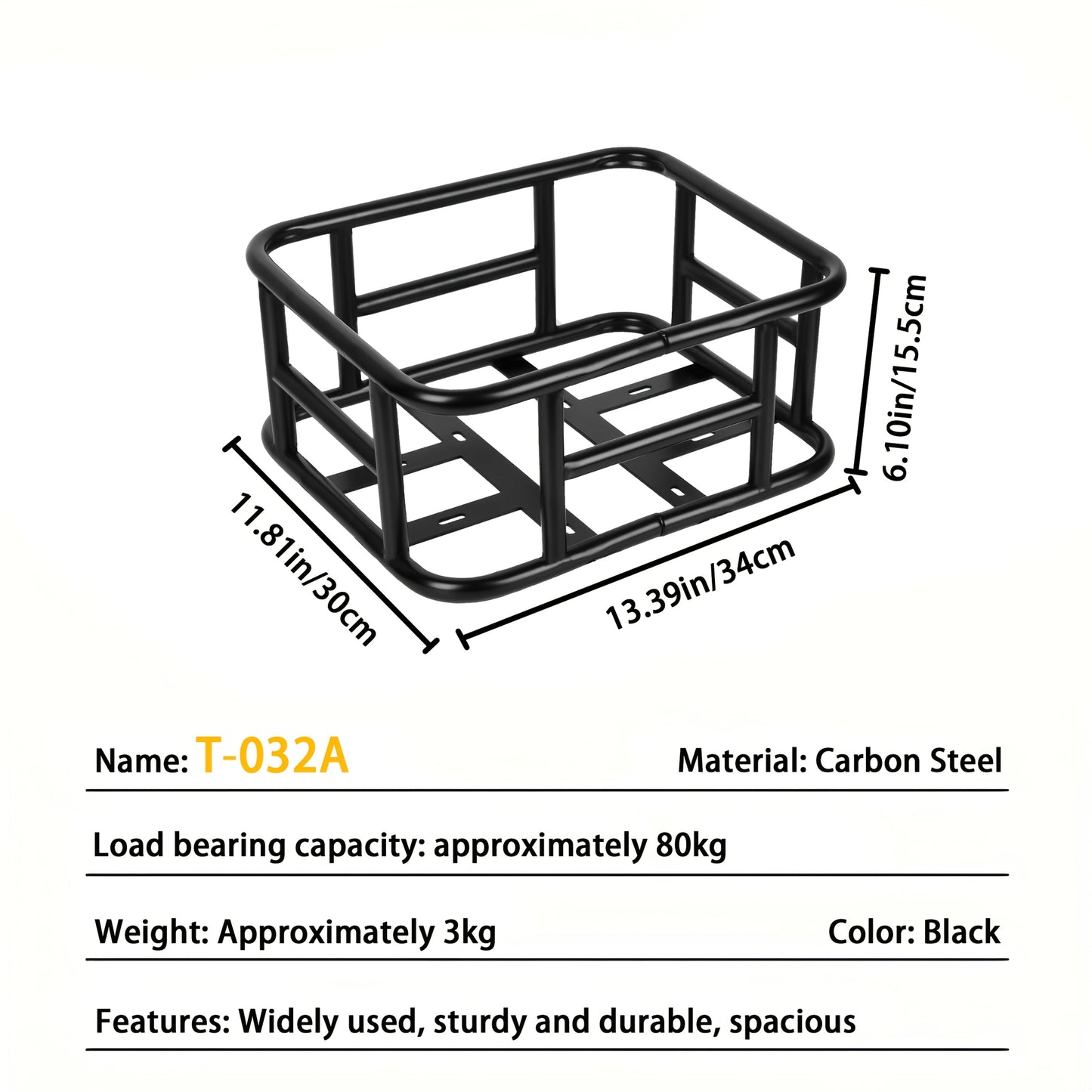 Heavy-Duty Iron Bike Basket – Large, Folding & Basic Removable Rear Bicycle Basket for Most Bikes & E-Bikes, Frame Mount, Black – for Groceries, Pets & Daily Commuting